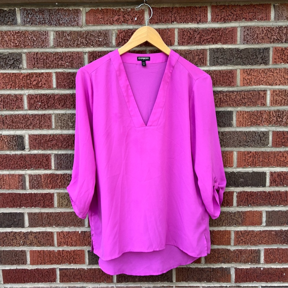 Express Bright Pink V Neck Chiffon Long Sleeve Blouse Top